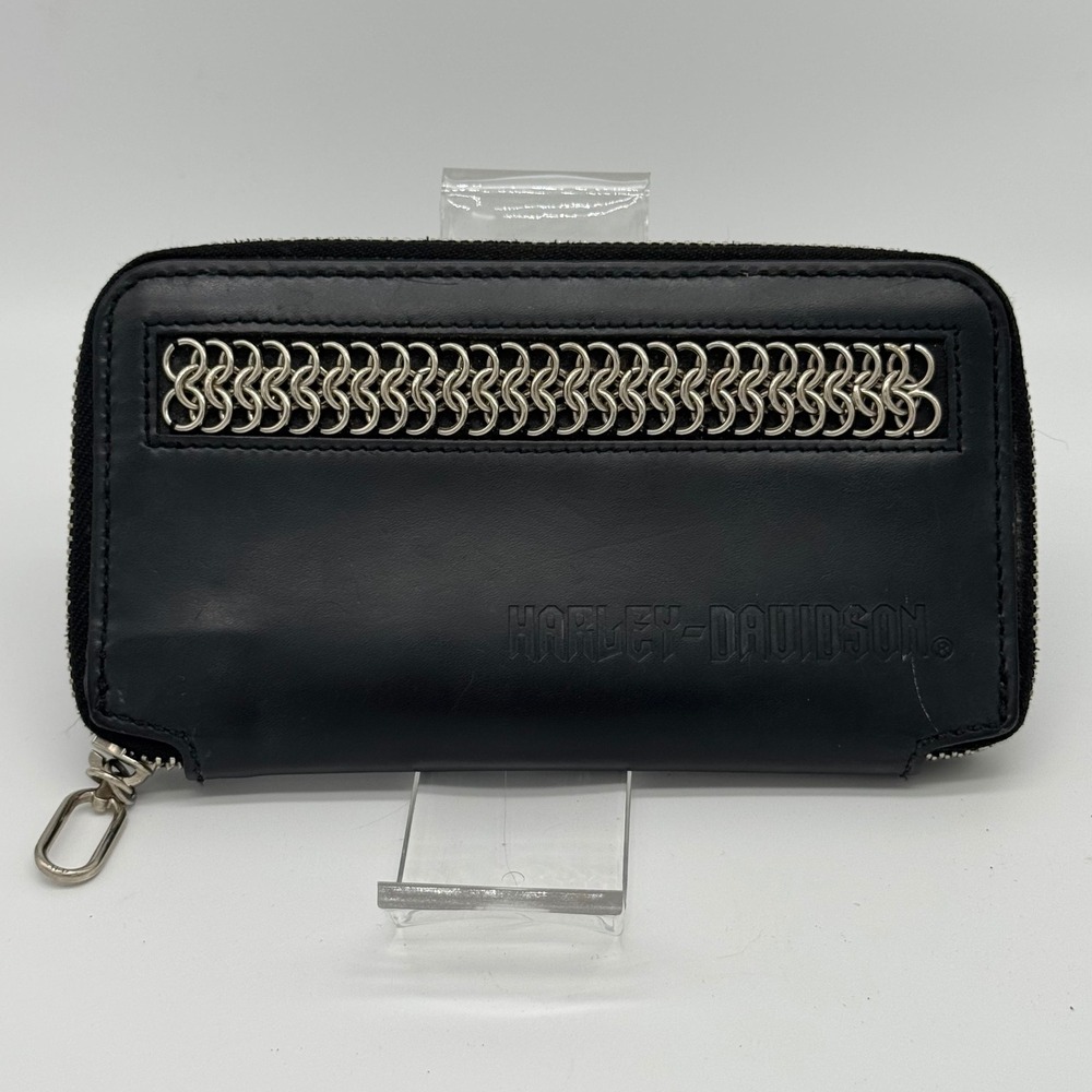 Vintage Harley Davidson Black Leather Chainmail Mesh Zip Around Clutch Wallet